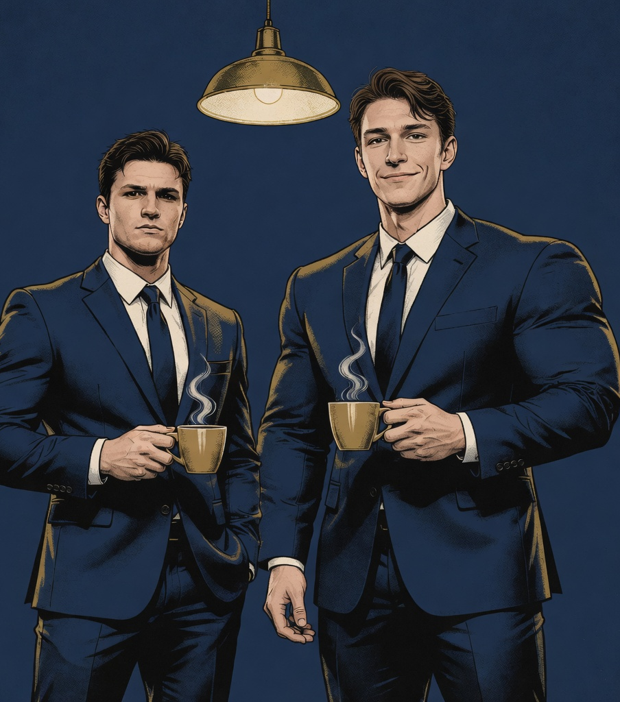 Illustrated portrait of Jeremy and Nicholas Burch, coffee in hand
